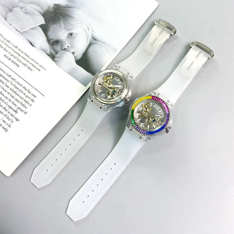 Full-automatic hollow large dial mechanical watch with transparent surface and white strap