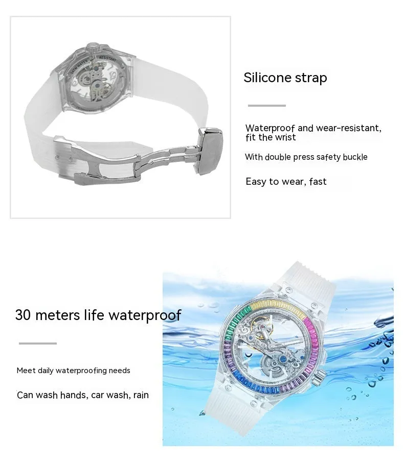 Full-automatic hollow large dial mechanical watch with transparent surface and white strap
