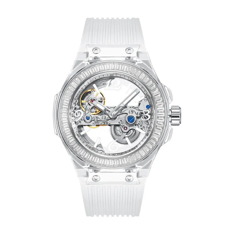 Full-automatic hollow large dial mechanical watch with transparent surface and white strap