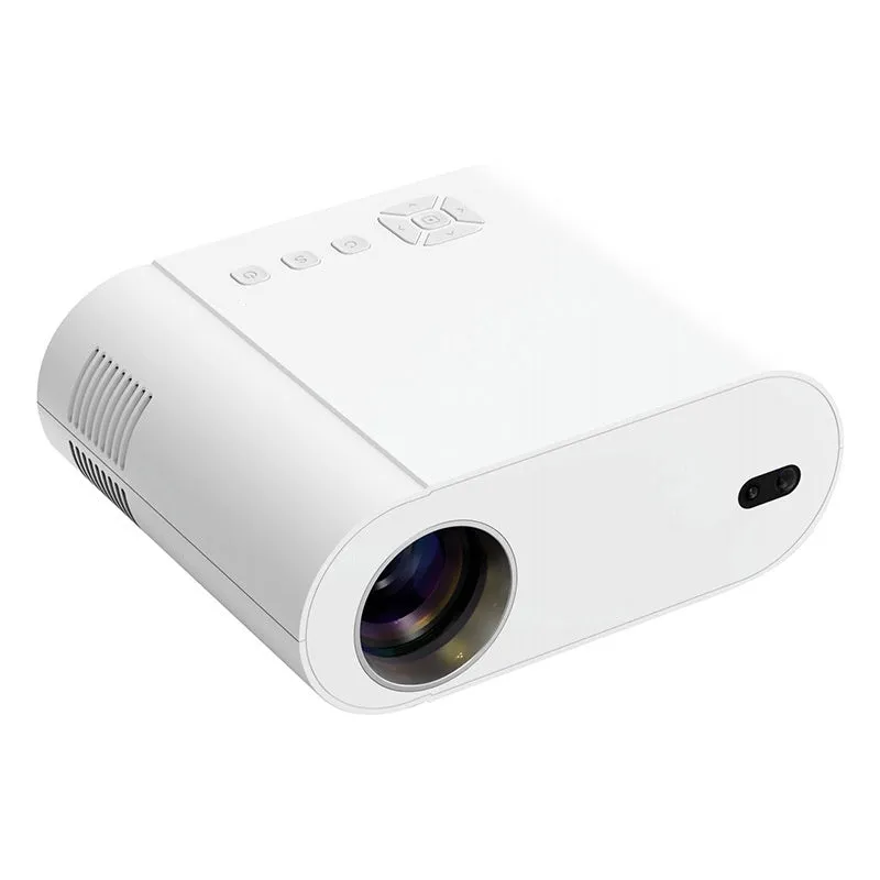 White Full HD smart Android projector with remote control on a table.