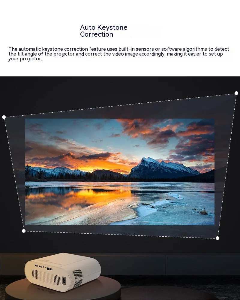White Full HD smart Android projector with remote control on a table.