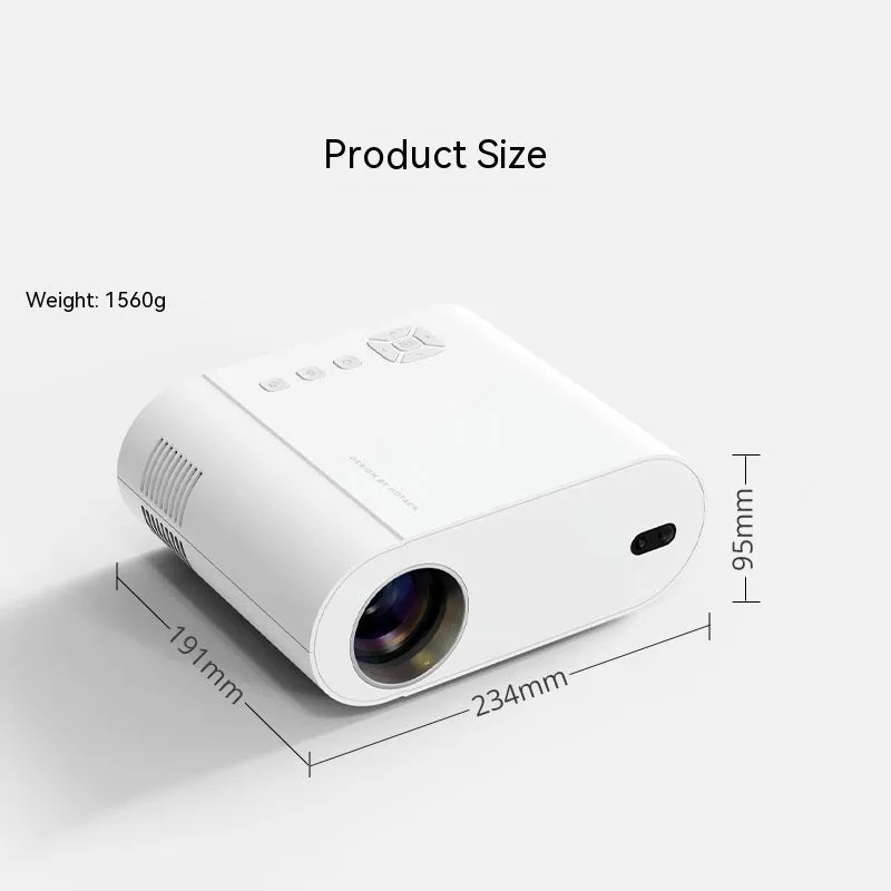 White Full HD smart Android projector with remote control on a table.