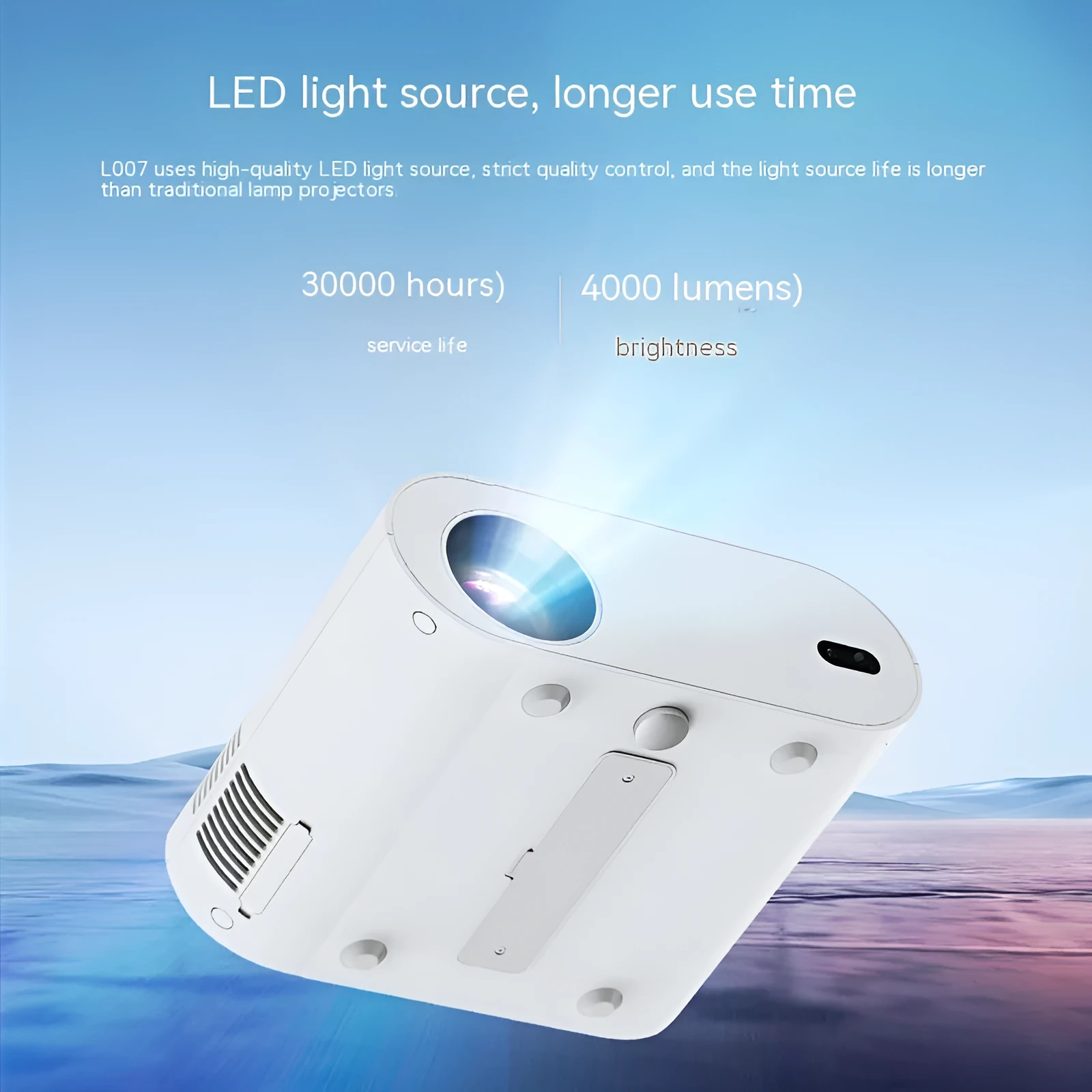 White Full HD smart Android projector with remote control on a table.