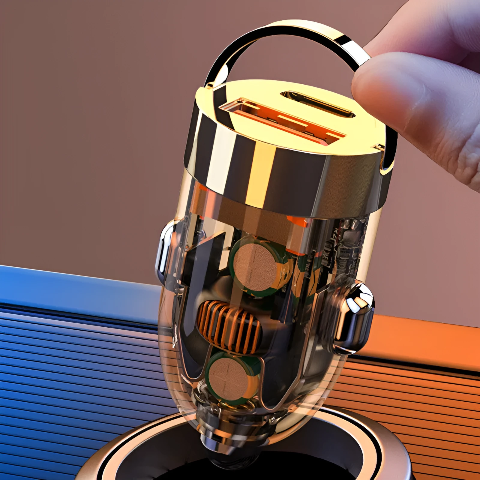 Mini transparent car charger with 120W super fast charge and USB Type-C output, size 36x20x20mm