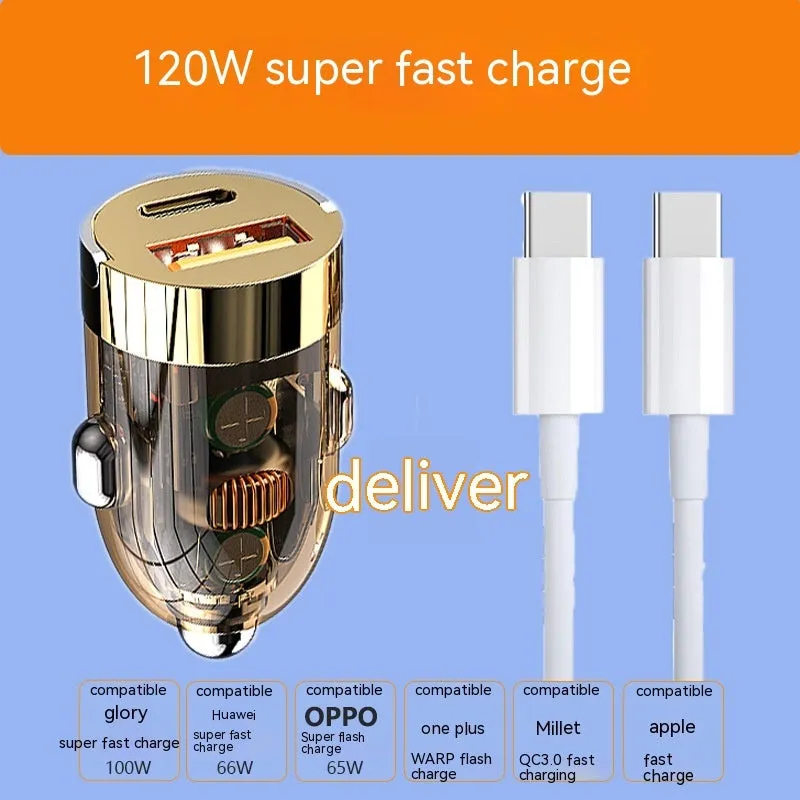 Mini transparent car charger with 120W super fast charge and USB Type-C output, size 36x20x20mm
