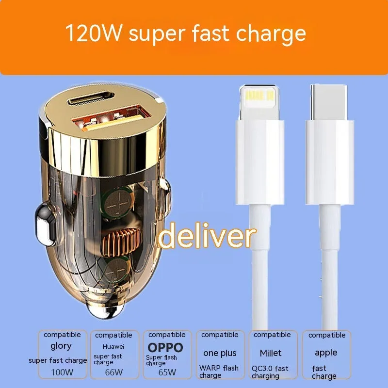 Mini transparent car charger with 120W super fast charge and USB Type-C output, size 36x20x20mm