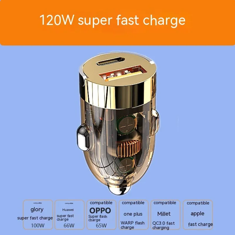 Mini transparent car charger with 120W super fast charge and USB Type-C output, size 36x20x20mm