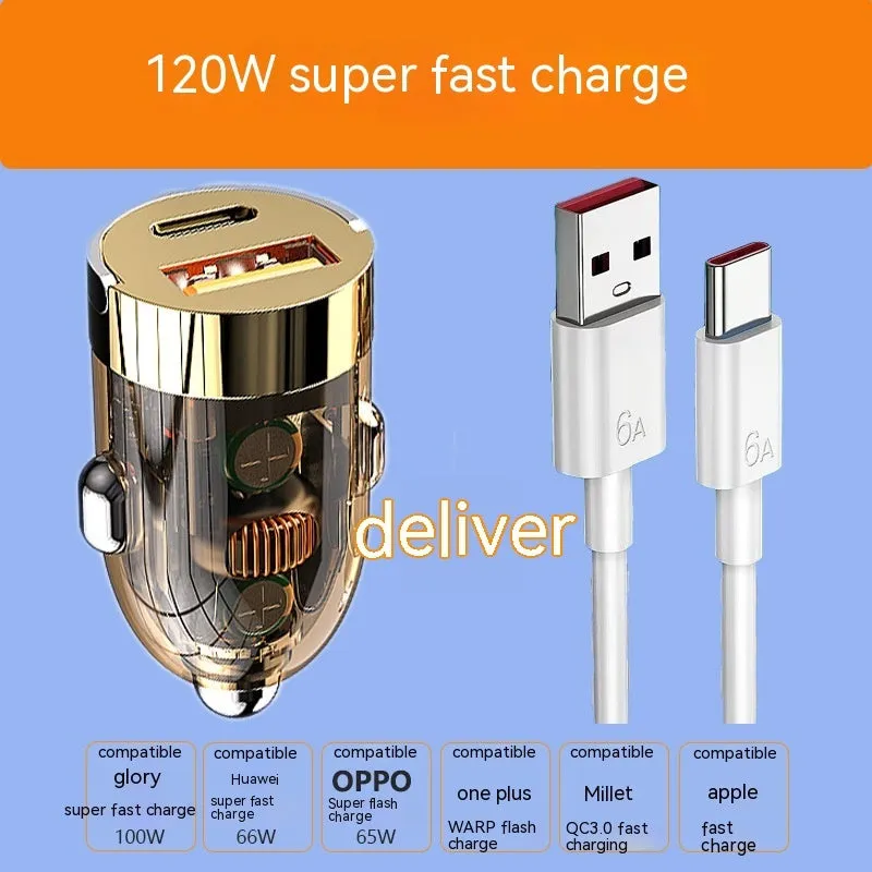 Mini transparent car charger with 120W super fast charge and USB Type-C output, size 36x20x20mm