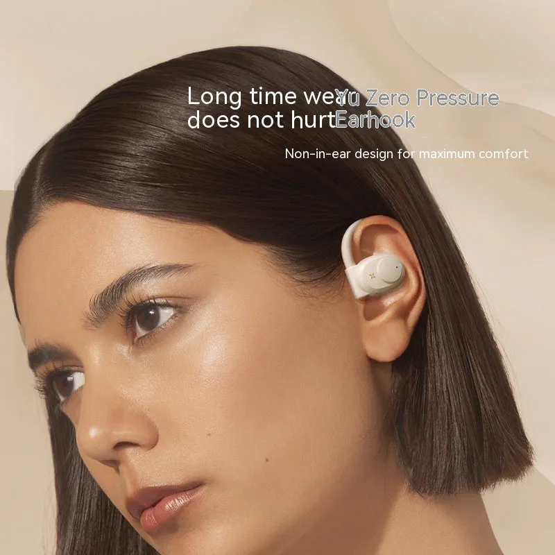 Bone conduction non in-ear Bluetooth headset in Glacier Blue with silicone ear hook on a white background