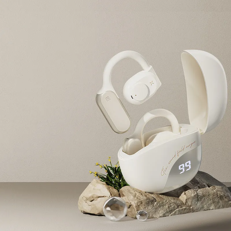 Bone conduction non in-ear Bluetooth headset in Glacier Blue with silicone ear hook on a white background