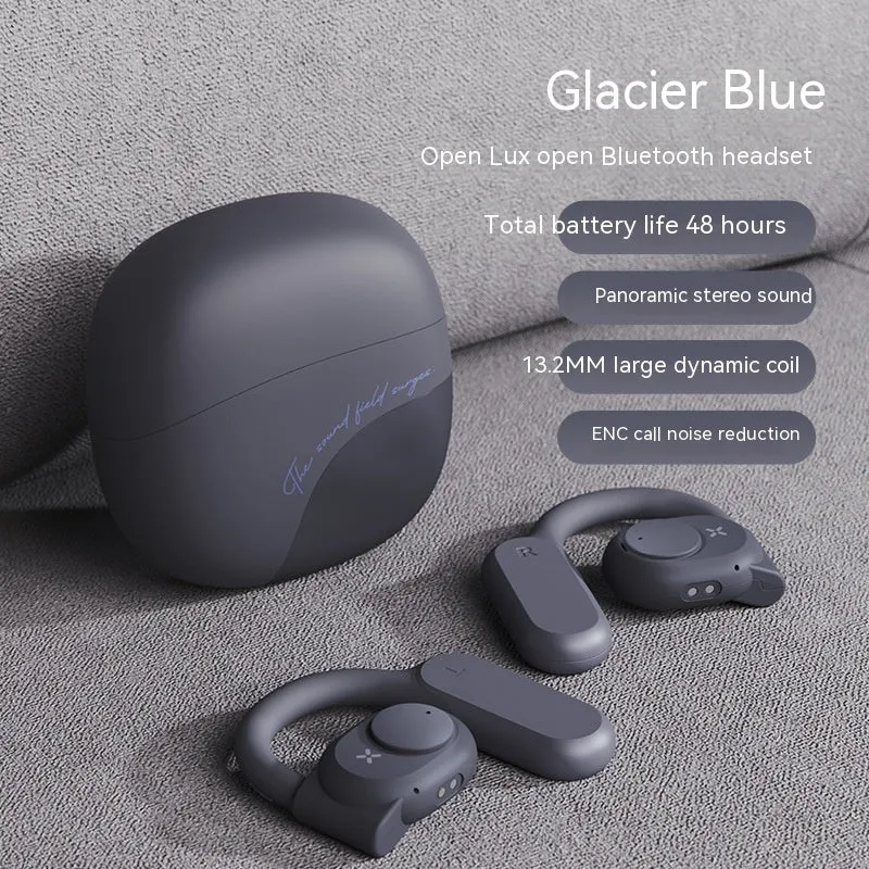 Bone conduction non in-ear Bluetooth headset in Glacier Blue with silicone ear hook on a white background