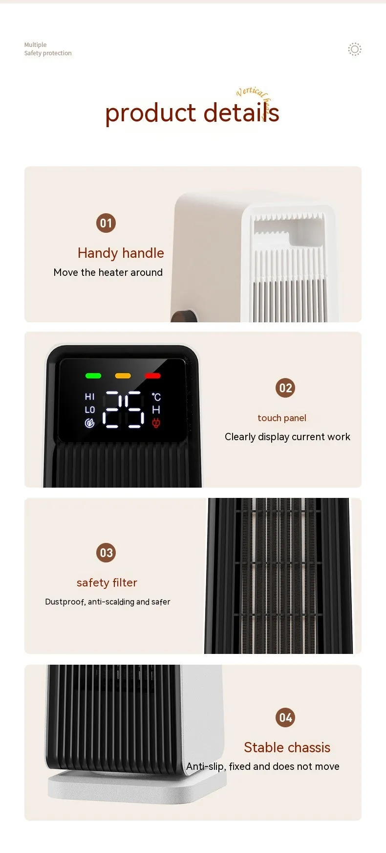 White small electric air conditioner heater with shaking head and touch controls for large rooms