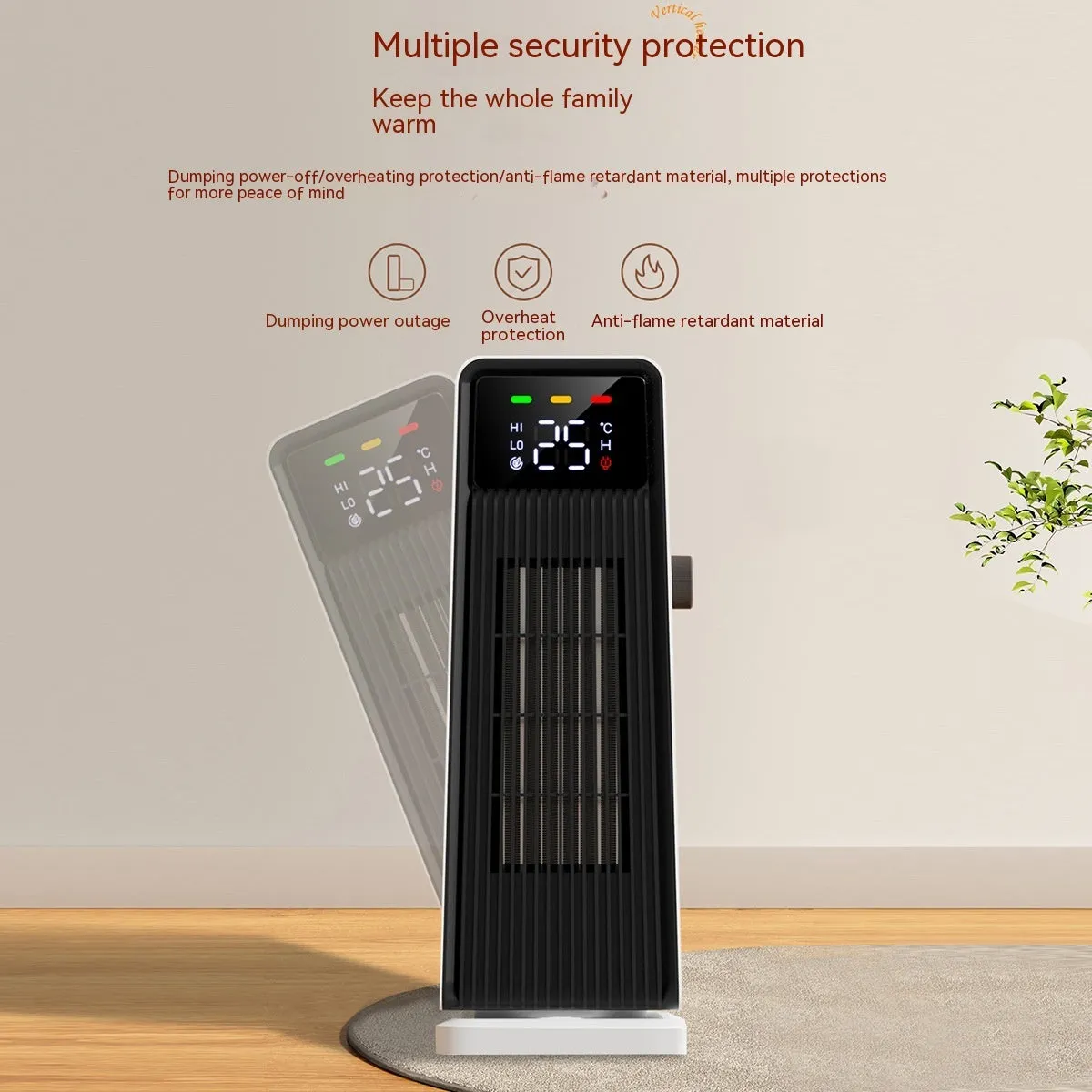 White small electric air conditioner heater with shaking head and touch controls for large rooms