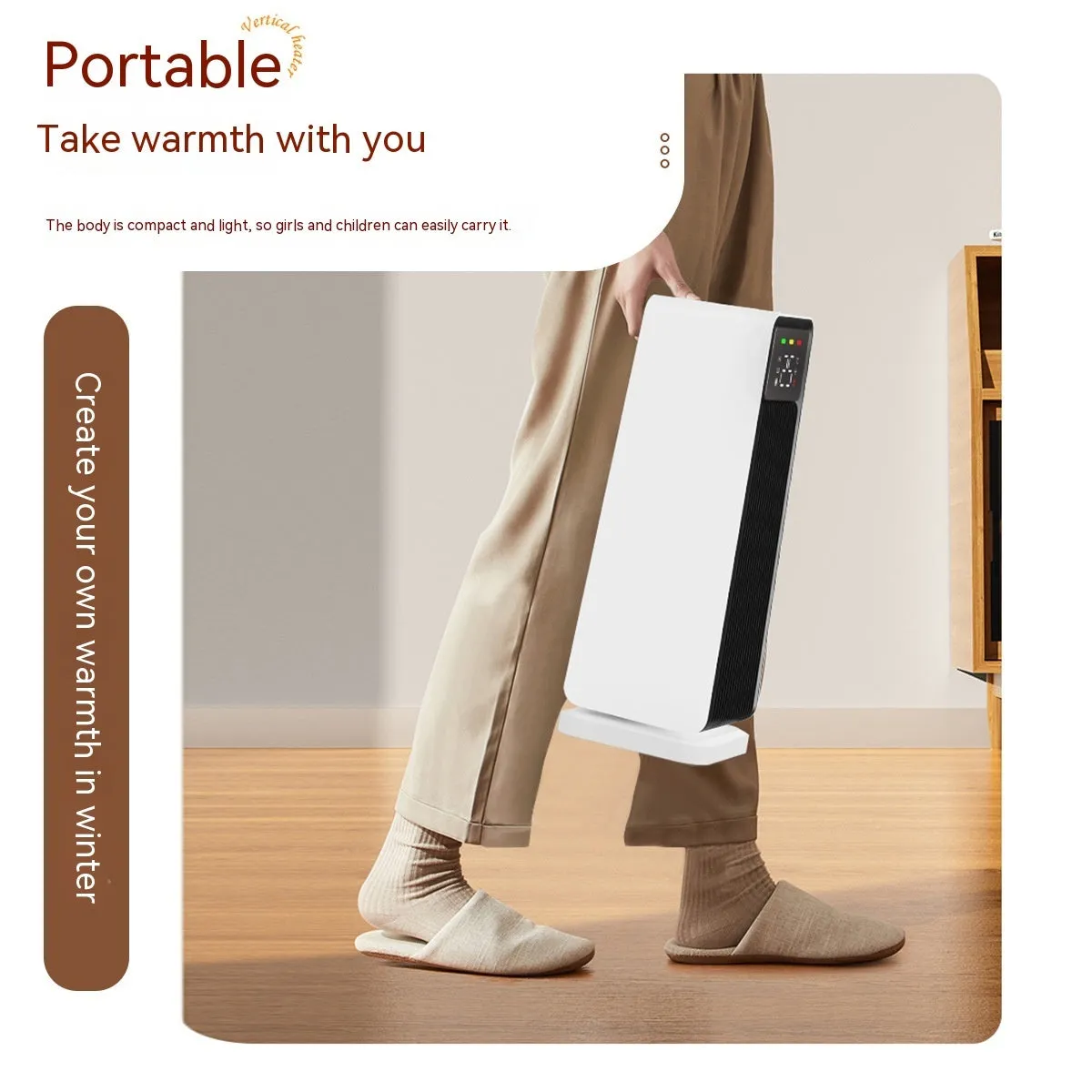 White small electric air conditioner heater with shaking head and touch controls for large rooms