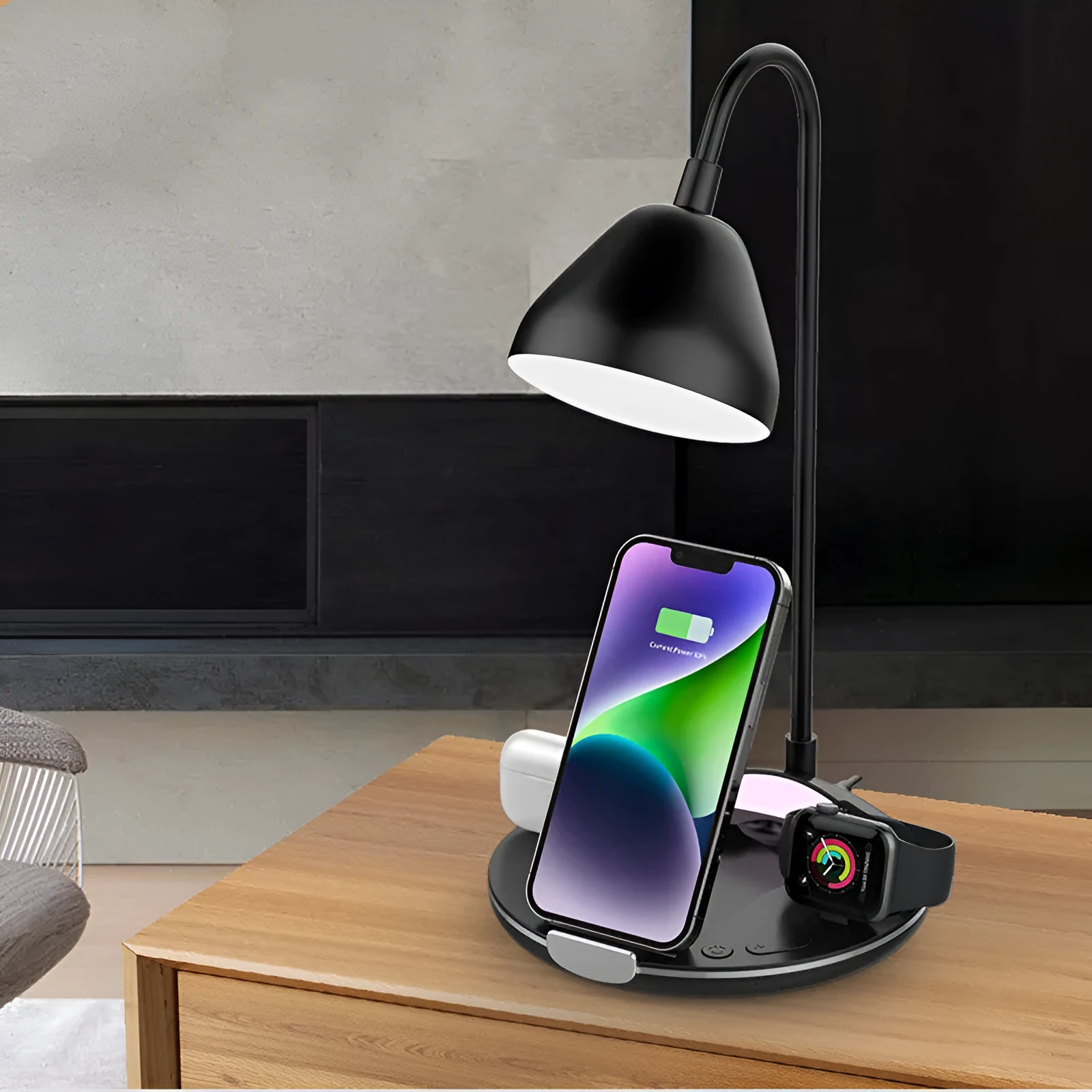 Black and white magnetic folding wireless charger shown open for charging and folded for storage.
