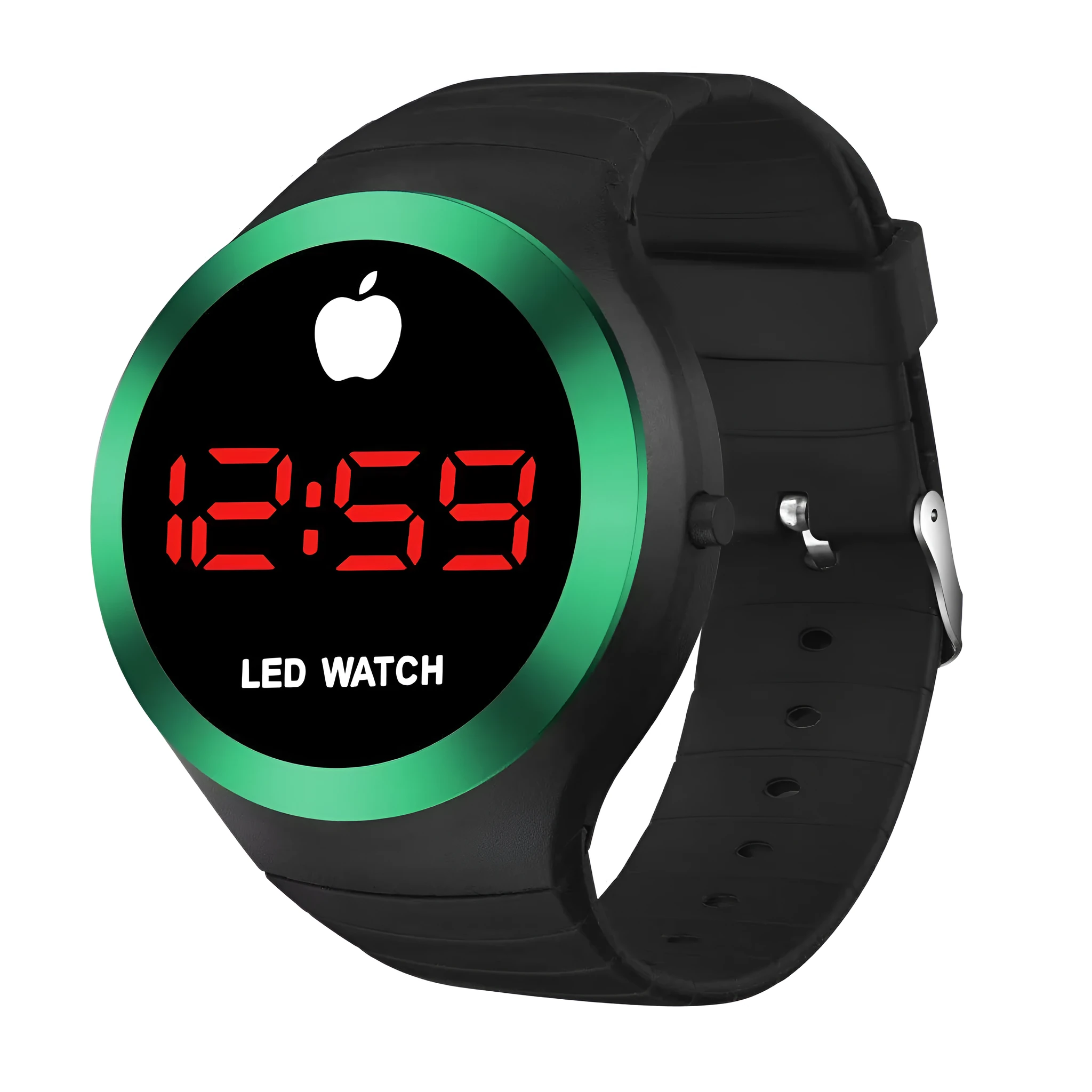 Round electronic watch with black TPU strap, 35mm square dial, and 1 inch screen on a white background