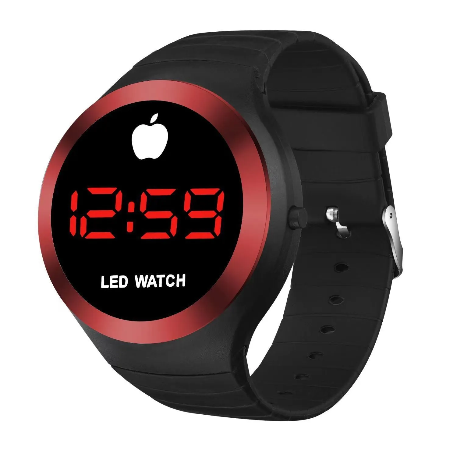 Round electronic watch with black TPU strap, 35mm square dial, and 1 inch screen on a white background