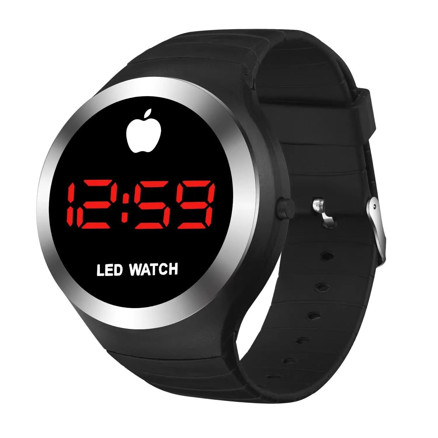 Round electronic watch with black TPU strap, 35mm square dial, and 1 inch screen on a white background