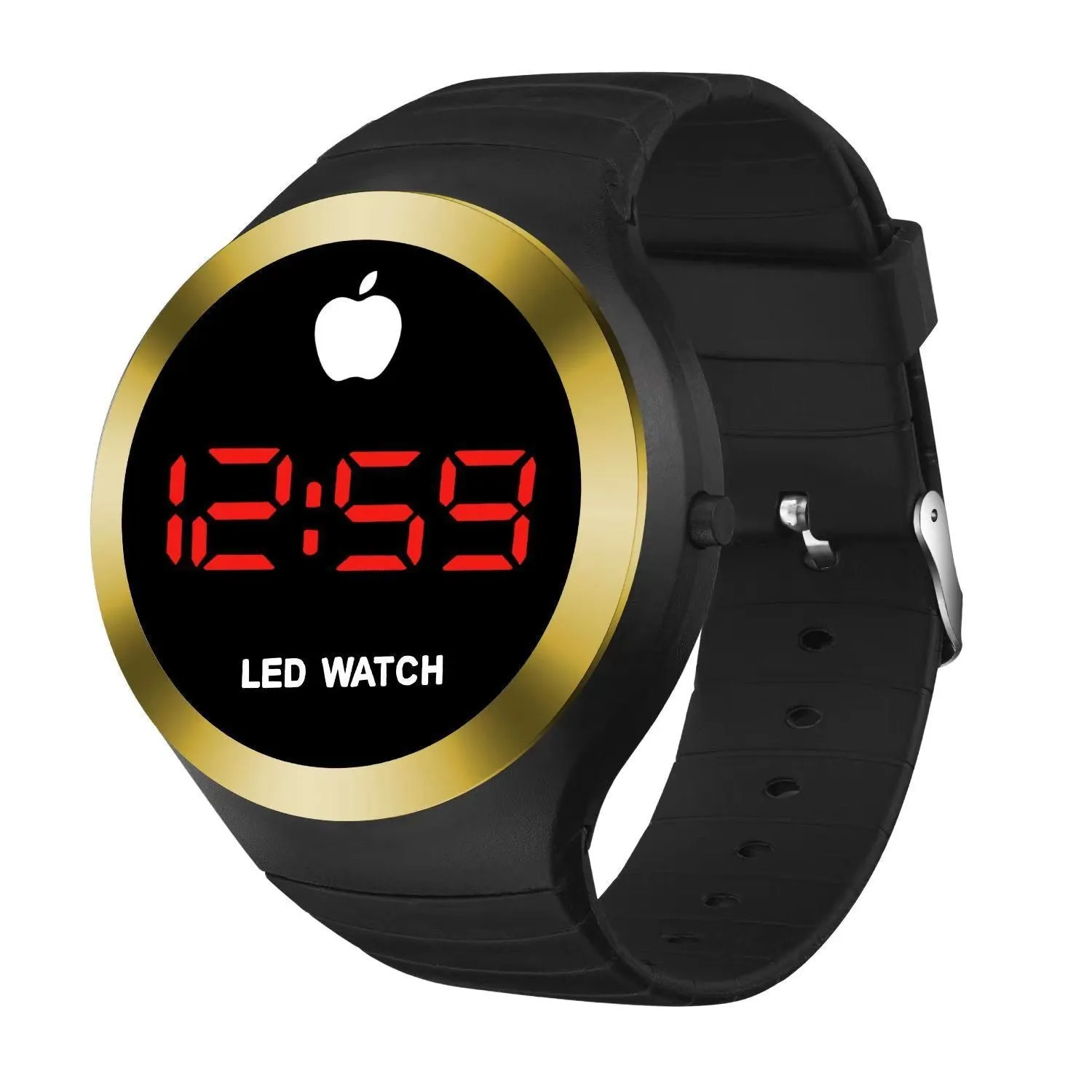 Round electronic watch with black TPU strap, 35mm square dial, and 1 inch screen on a white background