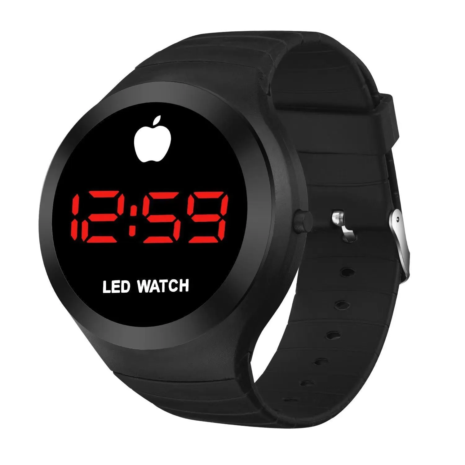 Round electronic watch with black TPU strap, 35mm square dial, and 1 inch screen on a white background
