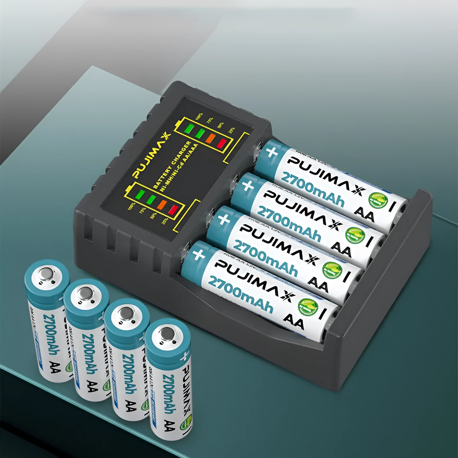 Household black Ni-MH battery charger with LCD screen showing charging status for AA and AAA batteries