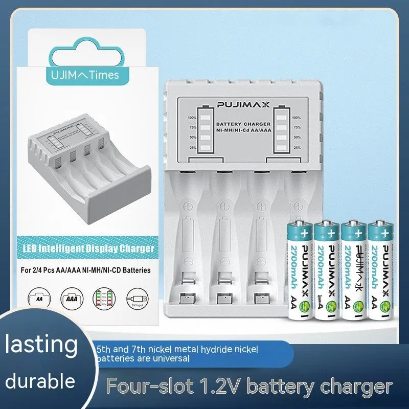 Household black Ni-MH battery charger with LCD screen showing charging status for AA and AAA batteries
