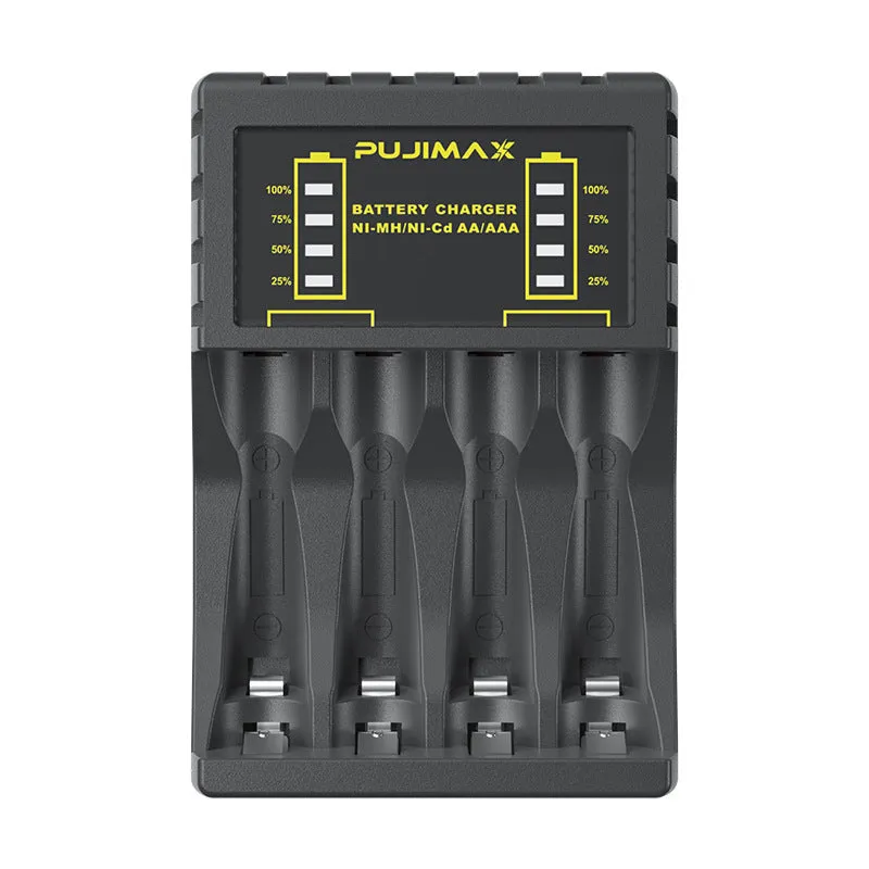 Household black Ni-MH battery charger with LCD screen showing charging status for AA and AAA batteries