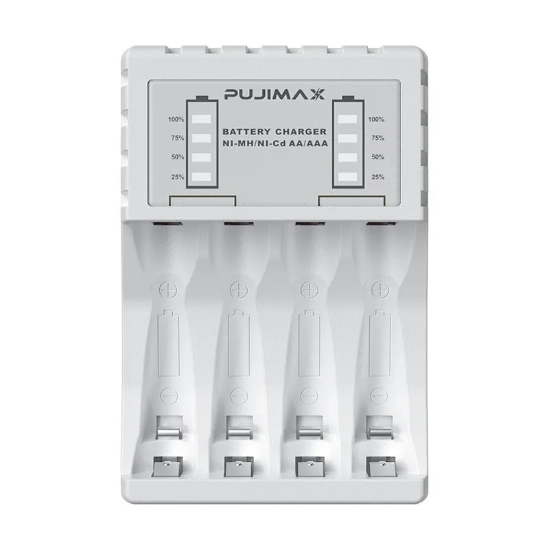 Household black Ni-MH battery charger with LCD screen showing charging status for AA and AAA batteries