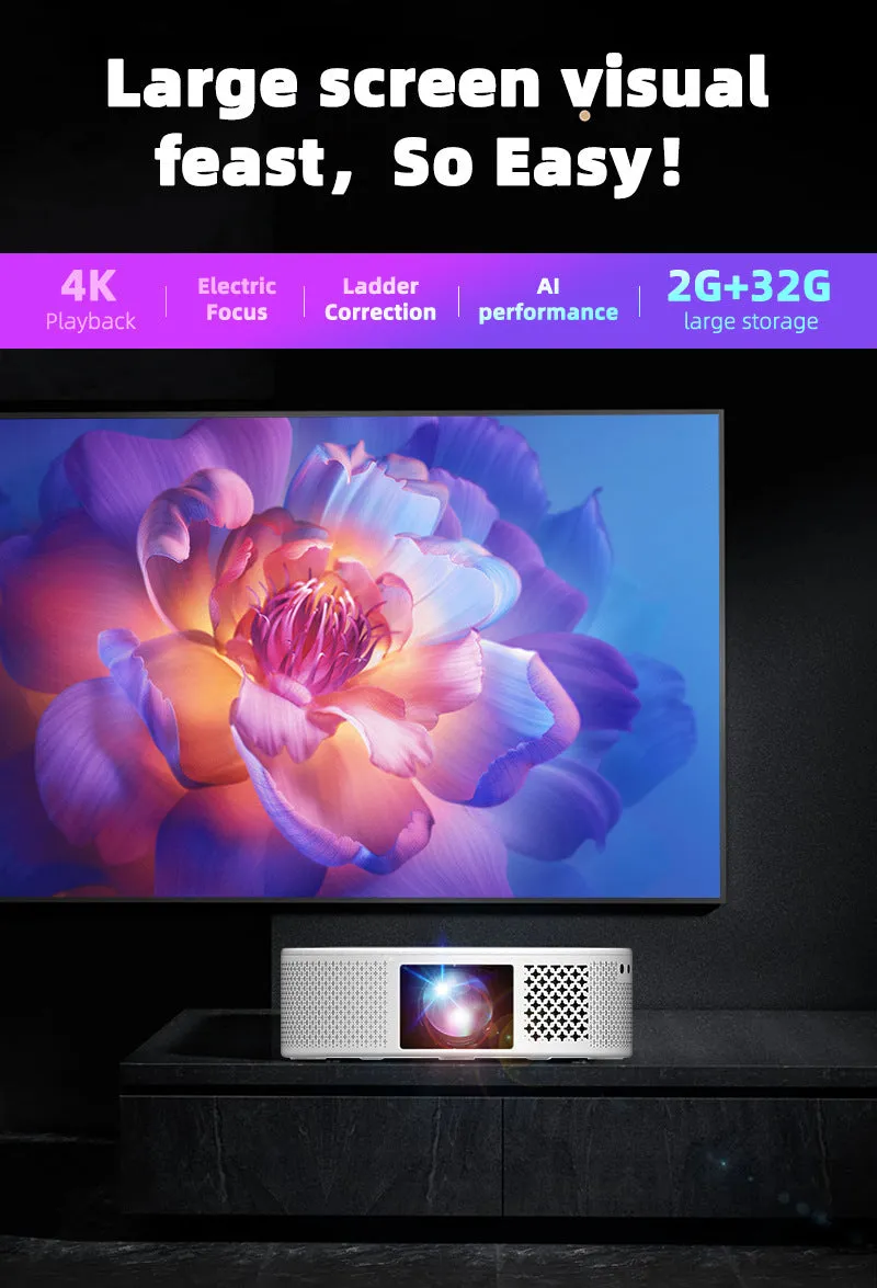 White plastic portable 720p HD wireless projector with electric focus on a table