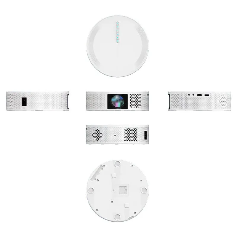 White plastic portable 720p HD wireless projector with electric focus on a table