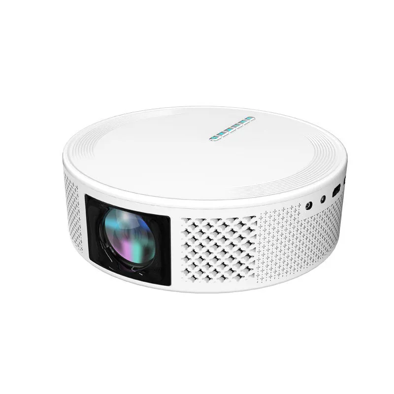 White plastic portable 720p HD wireless projector with electric focus on a table