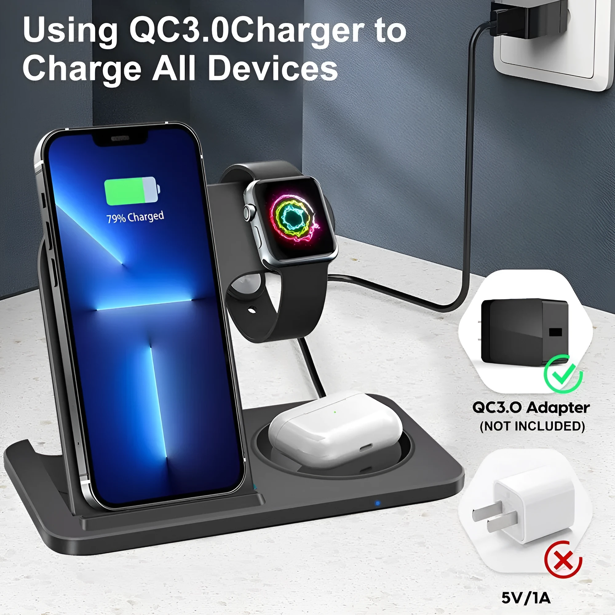 Foldable 15W three in one Qi wireless charger for mobile phone watch and earphones in black or white