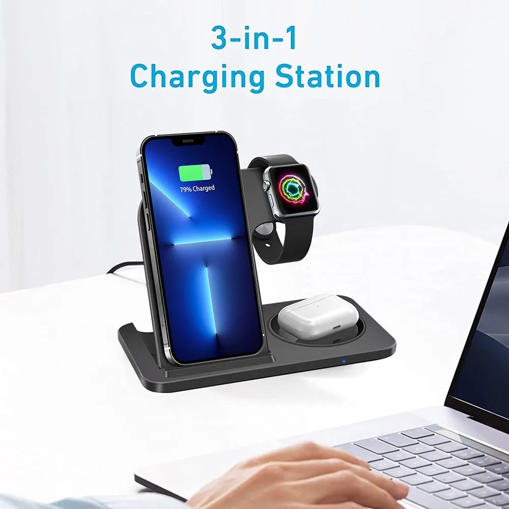 Foldable 15W three in one Qi wireless charger for mobile phone watch and earphones in black or white