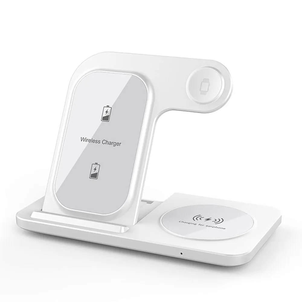 Foldable 15W three in one Qi wireless charger for mobile phone watch and earphones in black or white