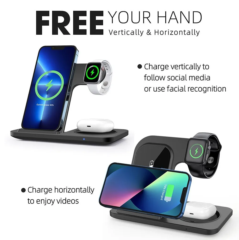 Foldable 15W three in one Qi wireless charger for mobile phone watch and earphones in black or white
