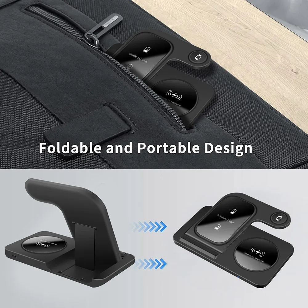 Foldable 15W three in one Qi wireless charger for mobile phone watch and earphones in black or white