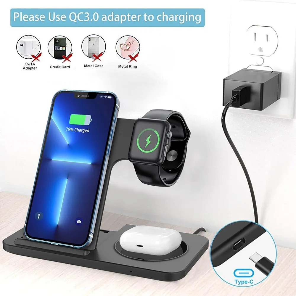 Foldable 15W three in one Qi wireless charger for mobile phone watch and earphones in black or white