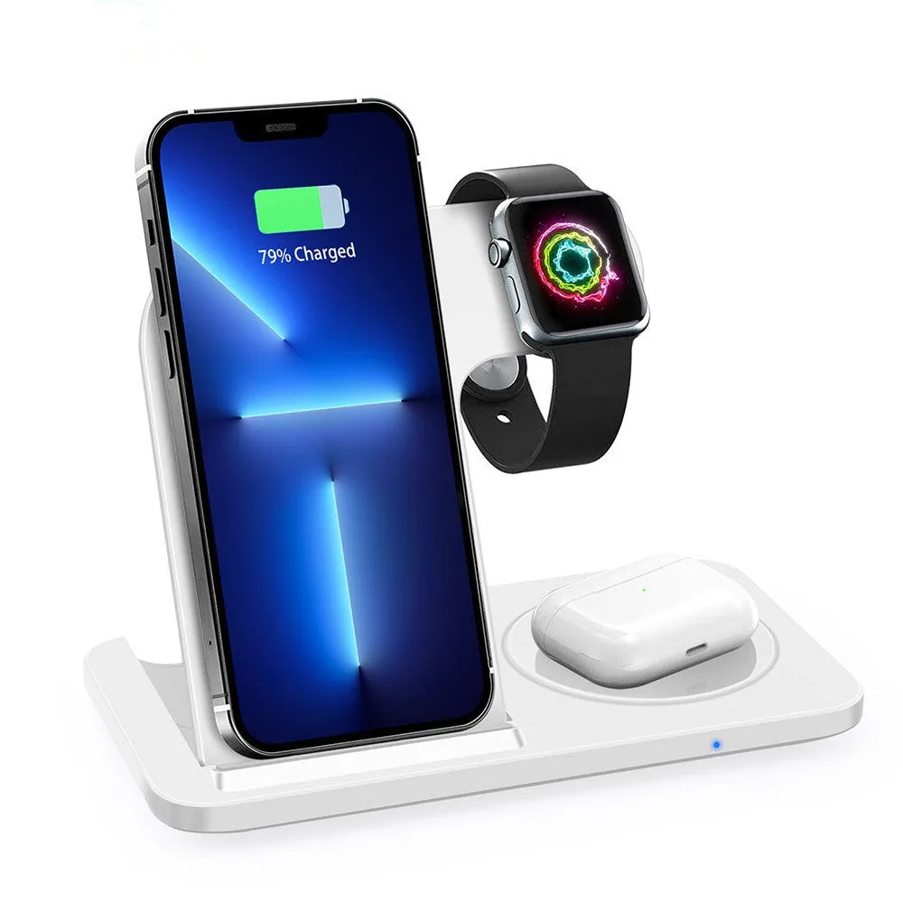 Foldable 15W three in one Qi wireless charger for mobile phone watch and earphones in black or white