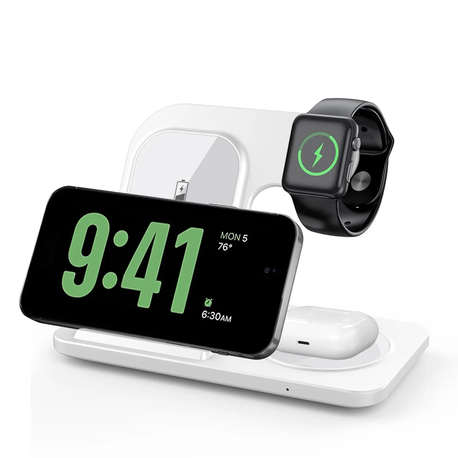 Foldable 15W three in one Qi wireless charger for mobile phone watch and earphones in black or white