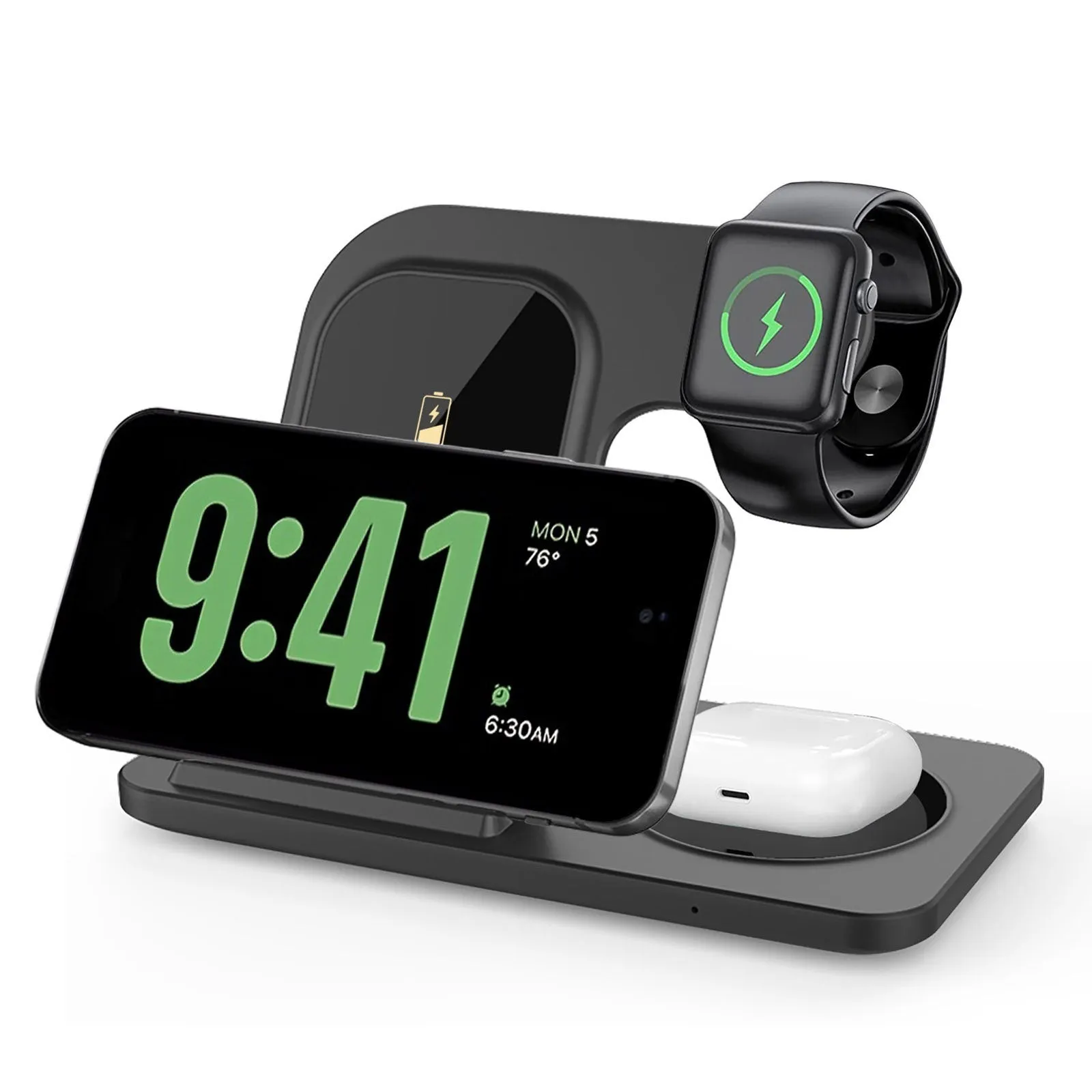 Foldable 15W three in one Qi wireless charger for mobile phone watch and earphones in black or white