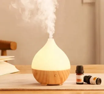 Asakusa wood grain finish vase-shaped aroma diffuser with USB cable on a wooden surface.