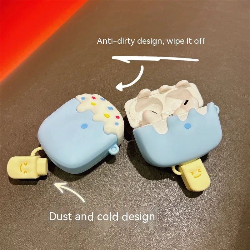 Silicone ice cream cartoon protective cover for Apple AirPods case in blue snow strip hook design