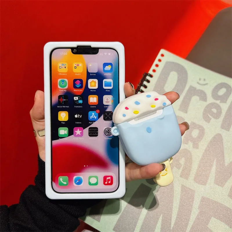 Silicone ice cream cartoon protective cover for Apple AirPods case in blue snow strip hook design