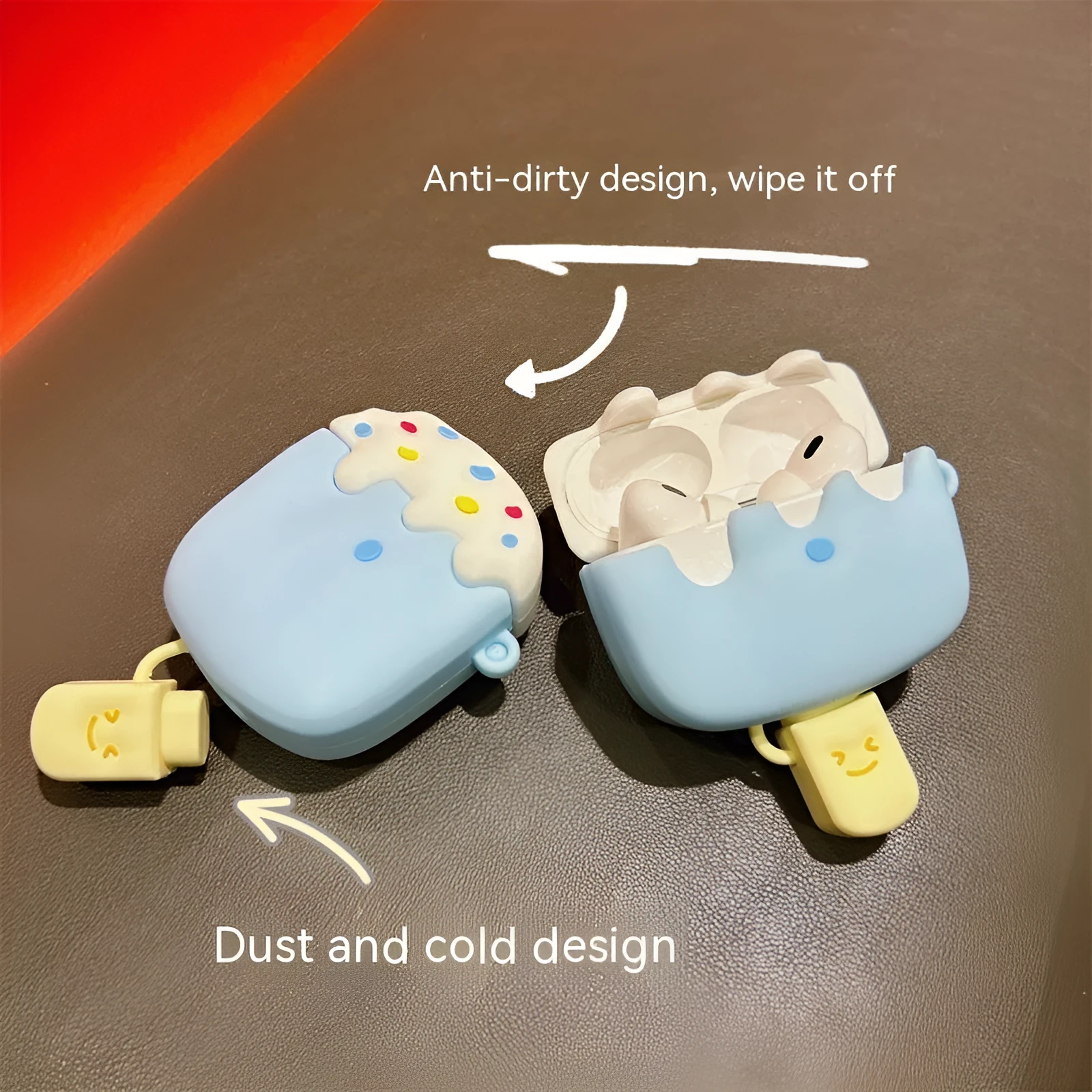 Silicone ice cream cartoon protective cover for Apple AirPods case in blue snow strip hook design