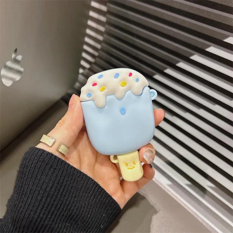 Silicone ice cream cartoon protective cover for Apple AirPods case in blue snow strip hook design