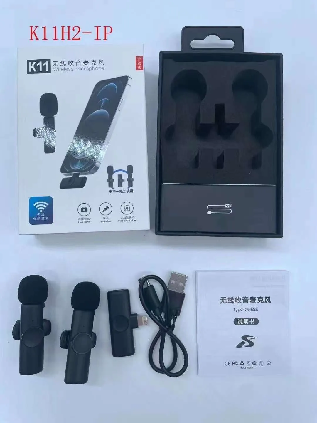 A wireless lavalier clip-on microphone attached to a shirt collar for hands-free video recording.