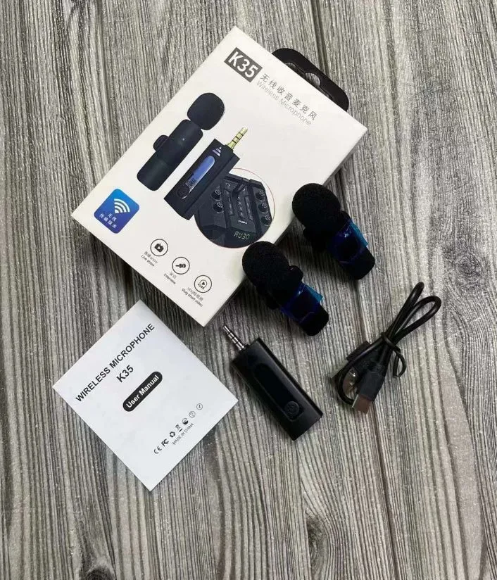 A wireless lavalier clip-on microphone attached to a shirt collar for hands-free video recording.