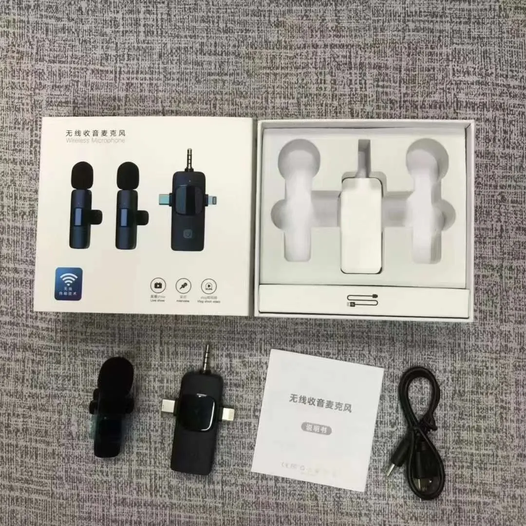 A wireless lavalier clip-on microphone attached to a shirt collar for hands-free video recording.