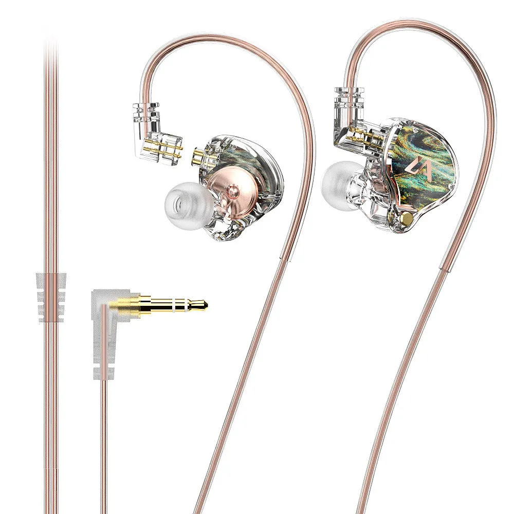 LM3 wired ear-mounted headphones with adjustable ear hook, silver-plated cable, and 3.5mm plug on a white background