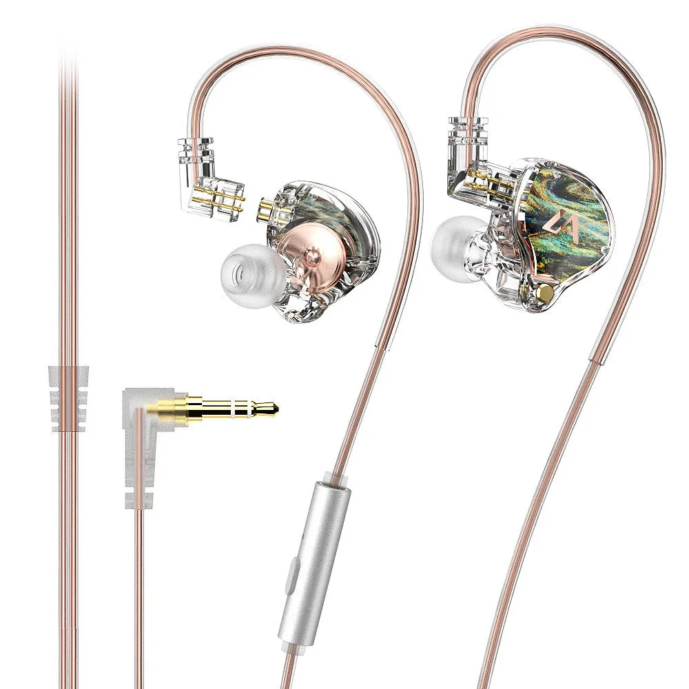 LM3 wired ear-mounted headphones with adjustable ear hook, silver-plated cable, and 3.5mm plug on a white background
